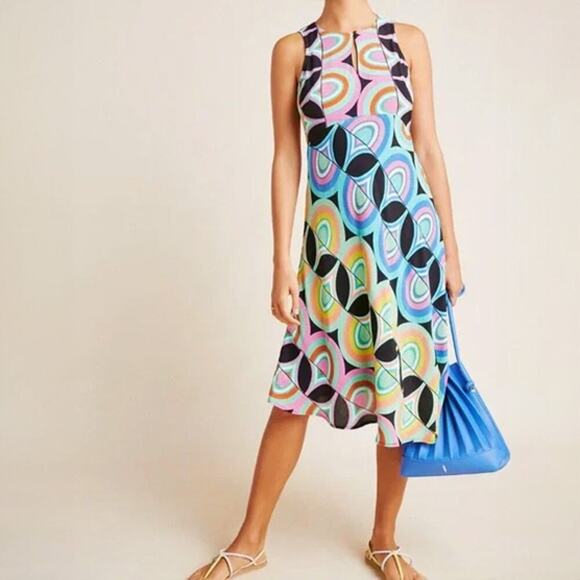 Anthropologie Kenzie Asymmetrical Colorful Geometric Midi Dress Size 0 - Picture 1 of 6